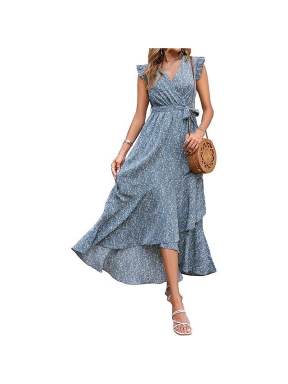 Women's Summer Dress Ruffle V Neck Belt Wrap Split Boho Floral Long  Maxi Dress